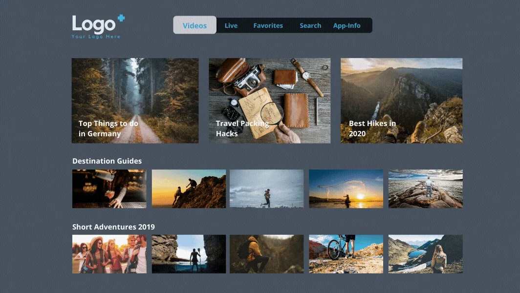 Tappla apps running on Apple TV, Fire TV and Roku — animated showcase of branded TV-app templates